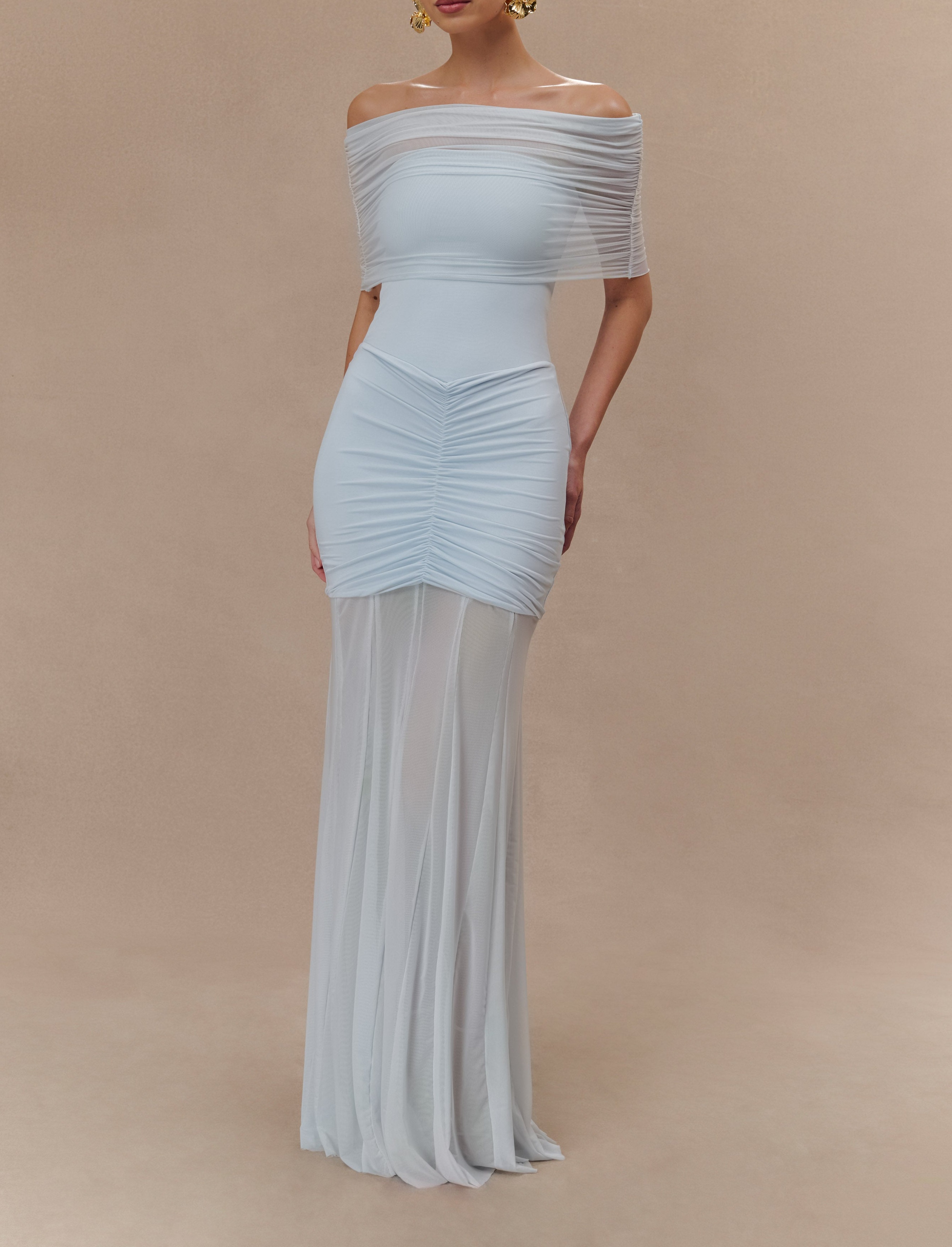 Blue Slinky And Mesh Off Shoulder Maxi Dress