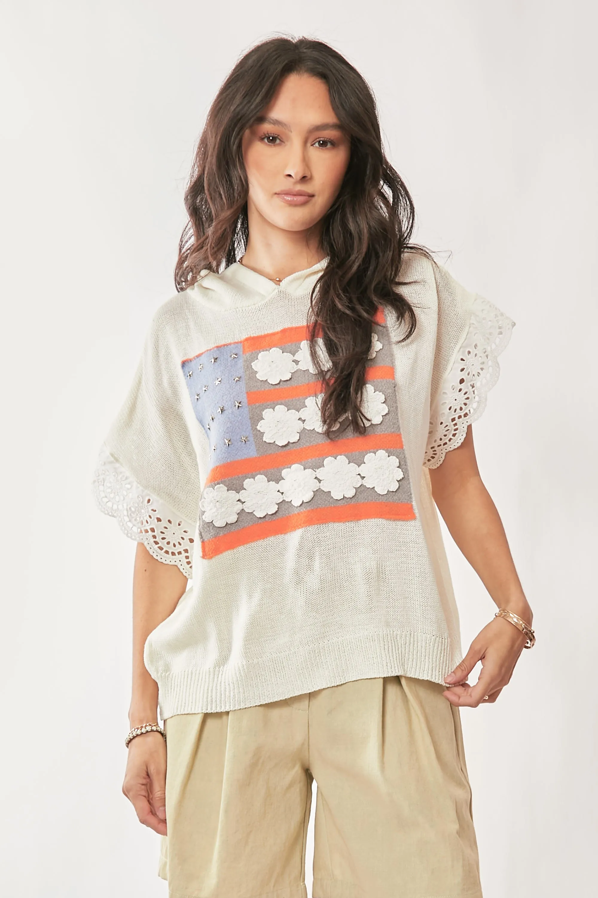 American Flag Loose Fit Lace Sleeve Hoodie Top