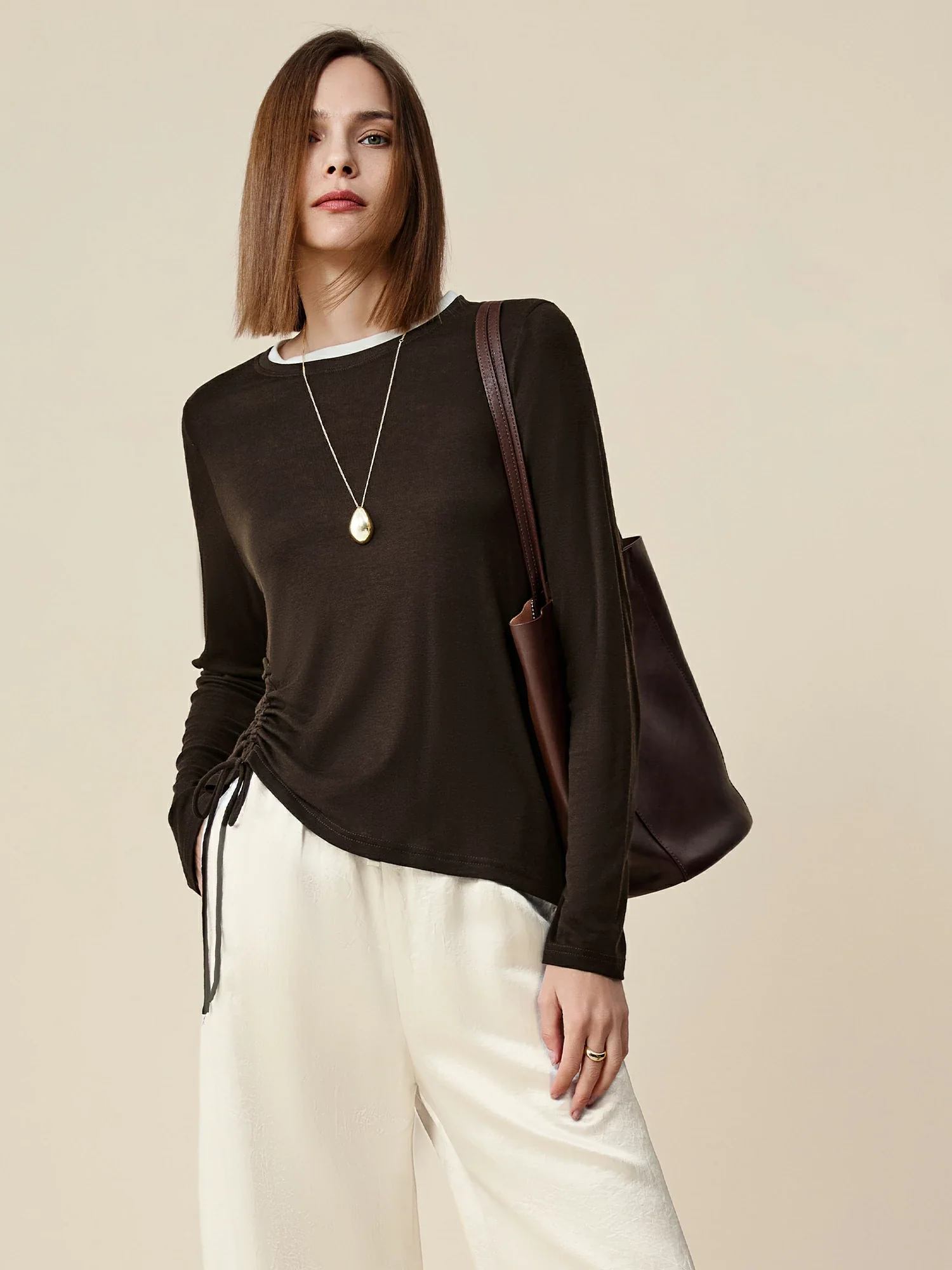 Lyocell & Wool Round Neck Long Sleeve Drawstring T-Shirt