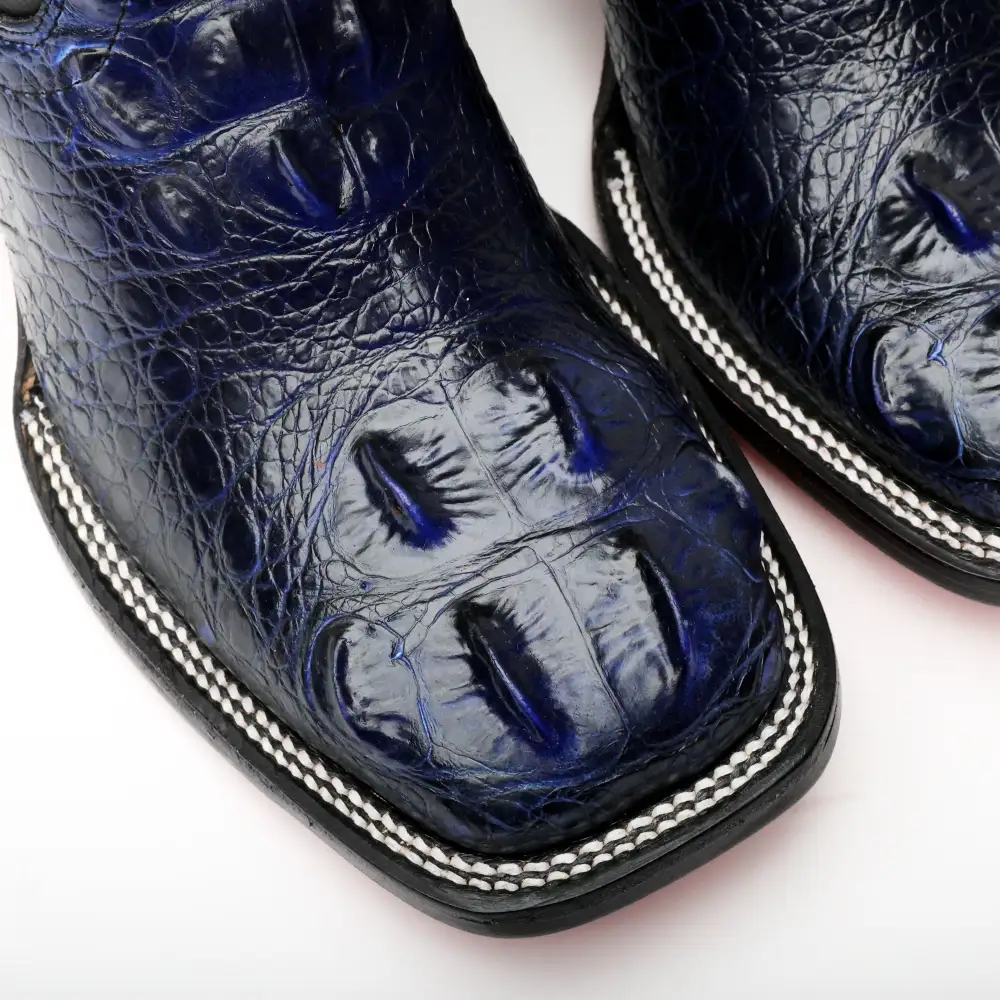 Black/Blue Giant Caiman Neck Leather Boots - Square Toe
