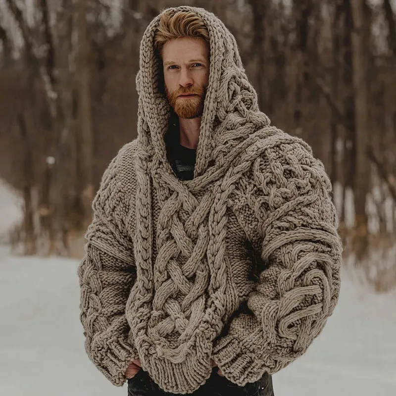 Vintage Celtic Knot Knit Zip-up Hooded Sweater