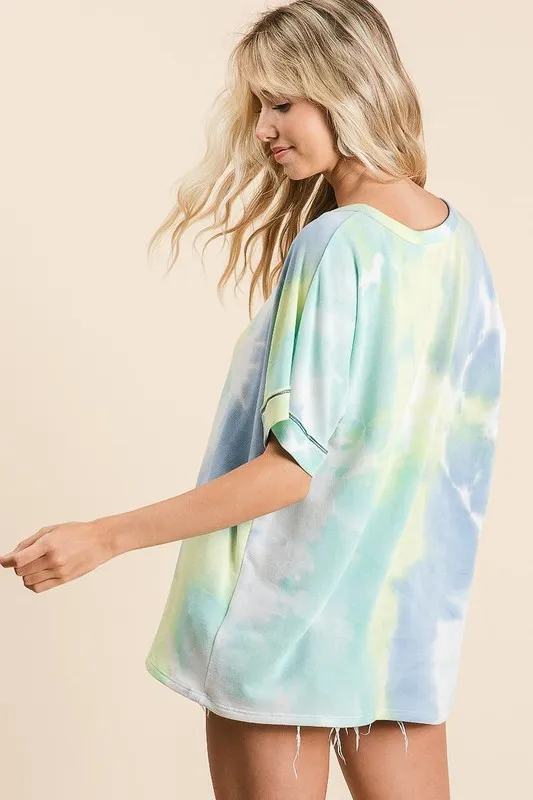 Tie Dye French Terry Top With Buttoned Placket