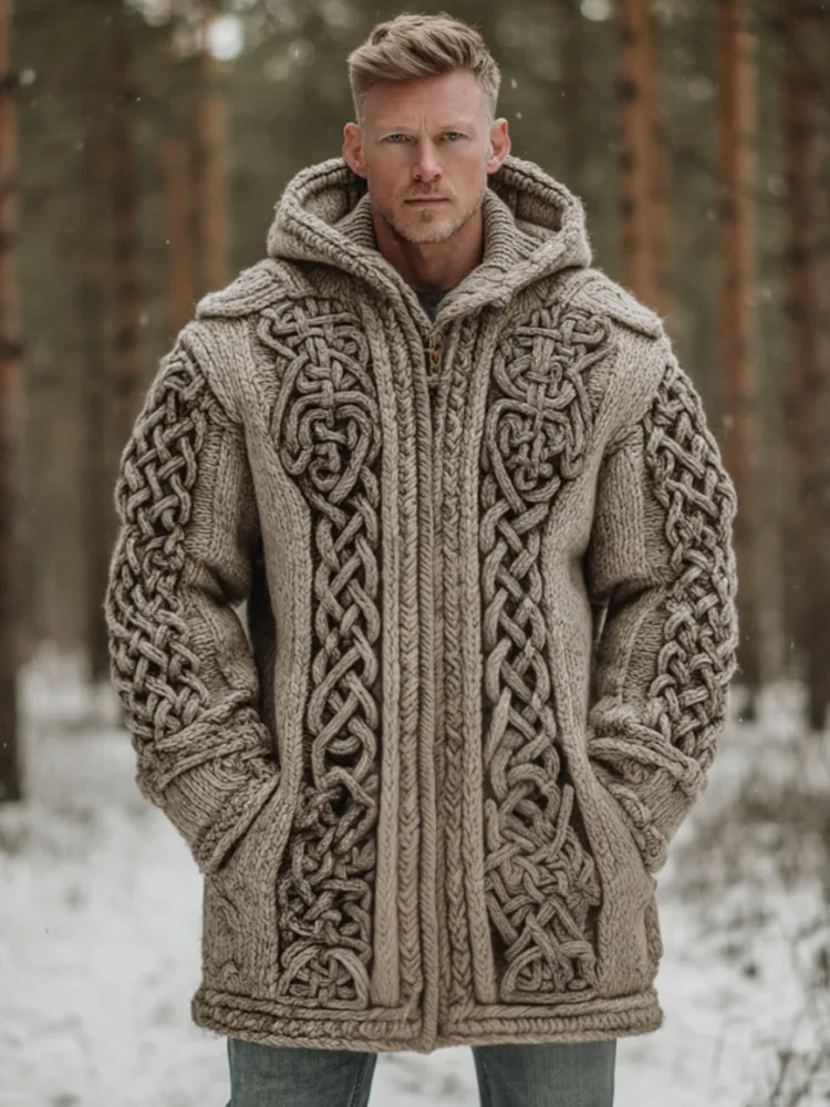 Men's Viking Celtic Pattern Art Cozy Knit Hooded Cardigan