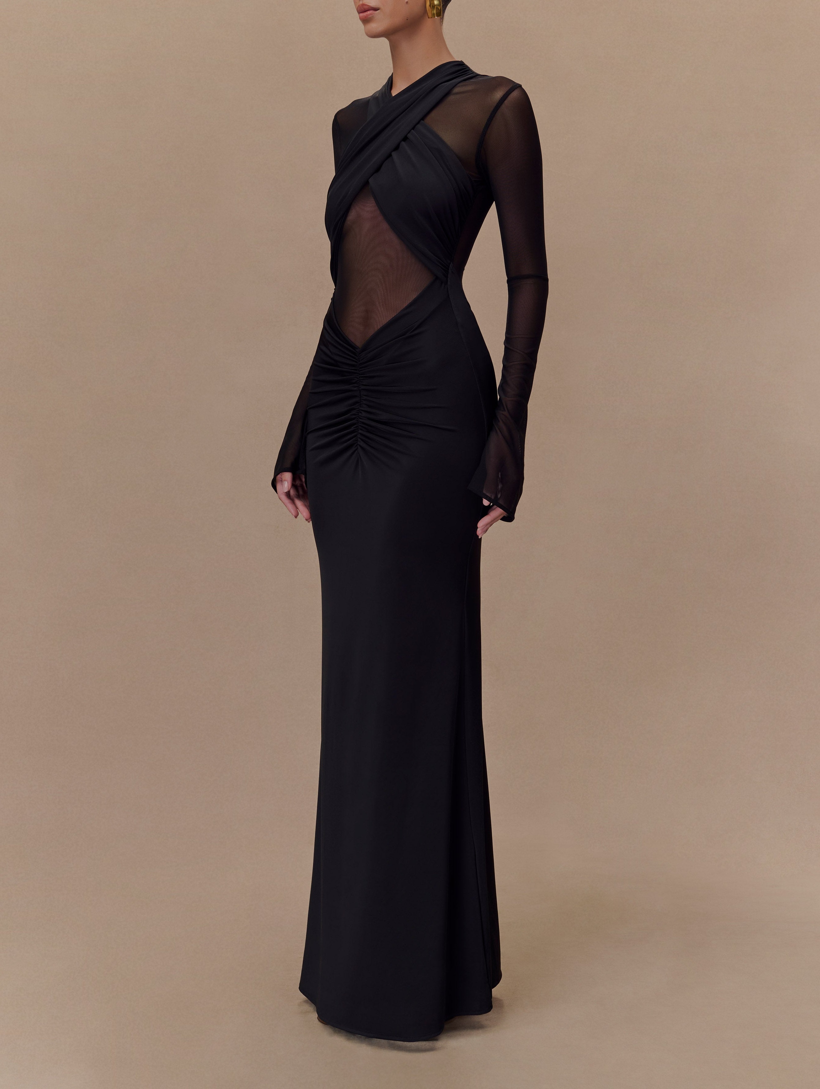 Black Slinky And Mesh Long Sleeve Maxi Dress