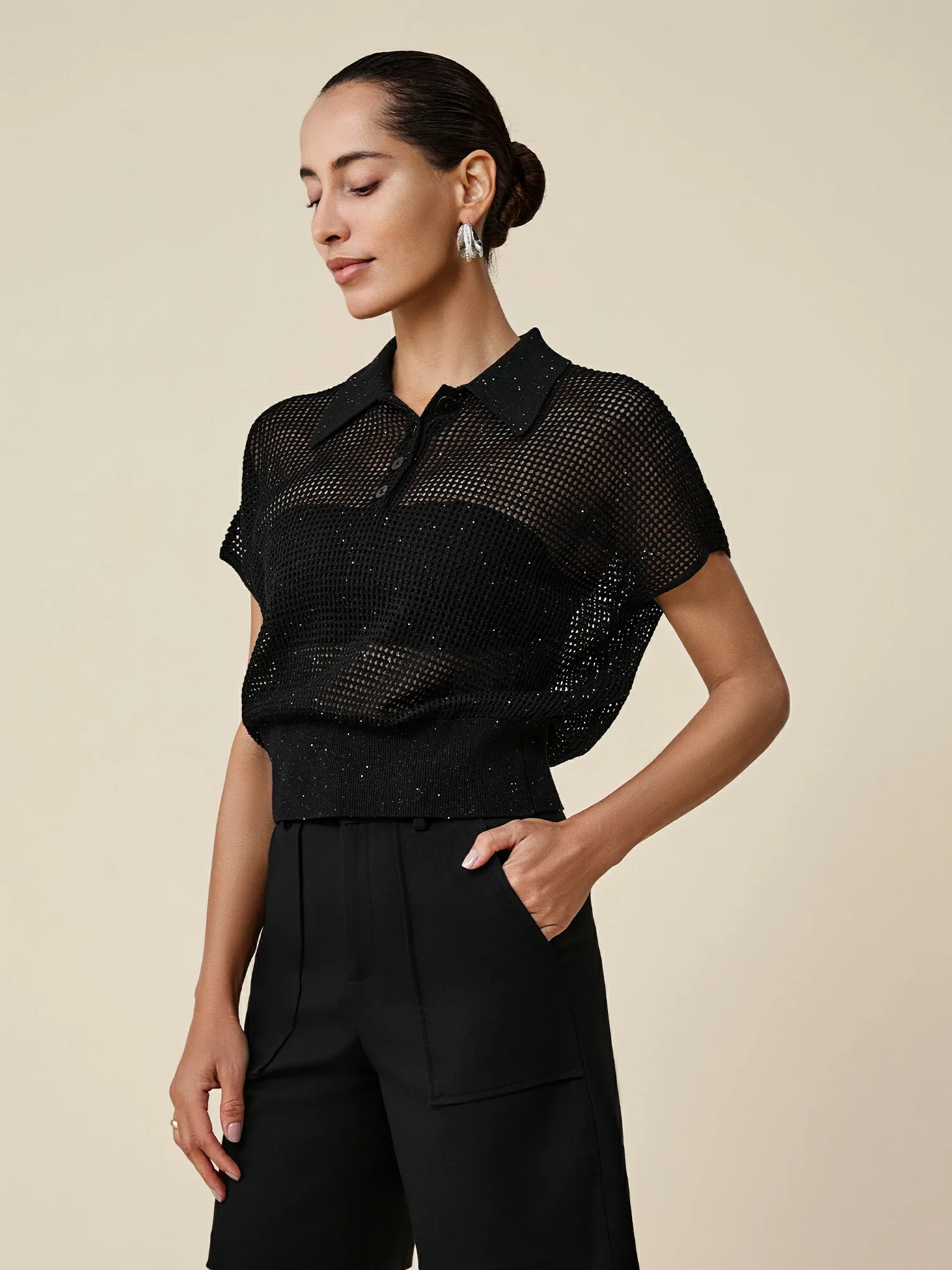 Lyocell & Linen Polo Neck Sequin Openwork Shirt