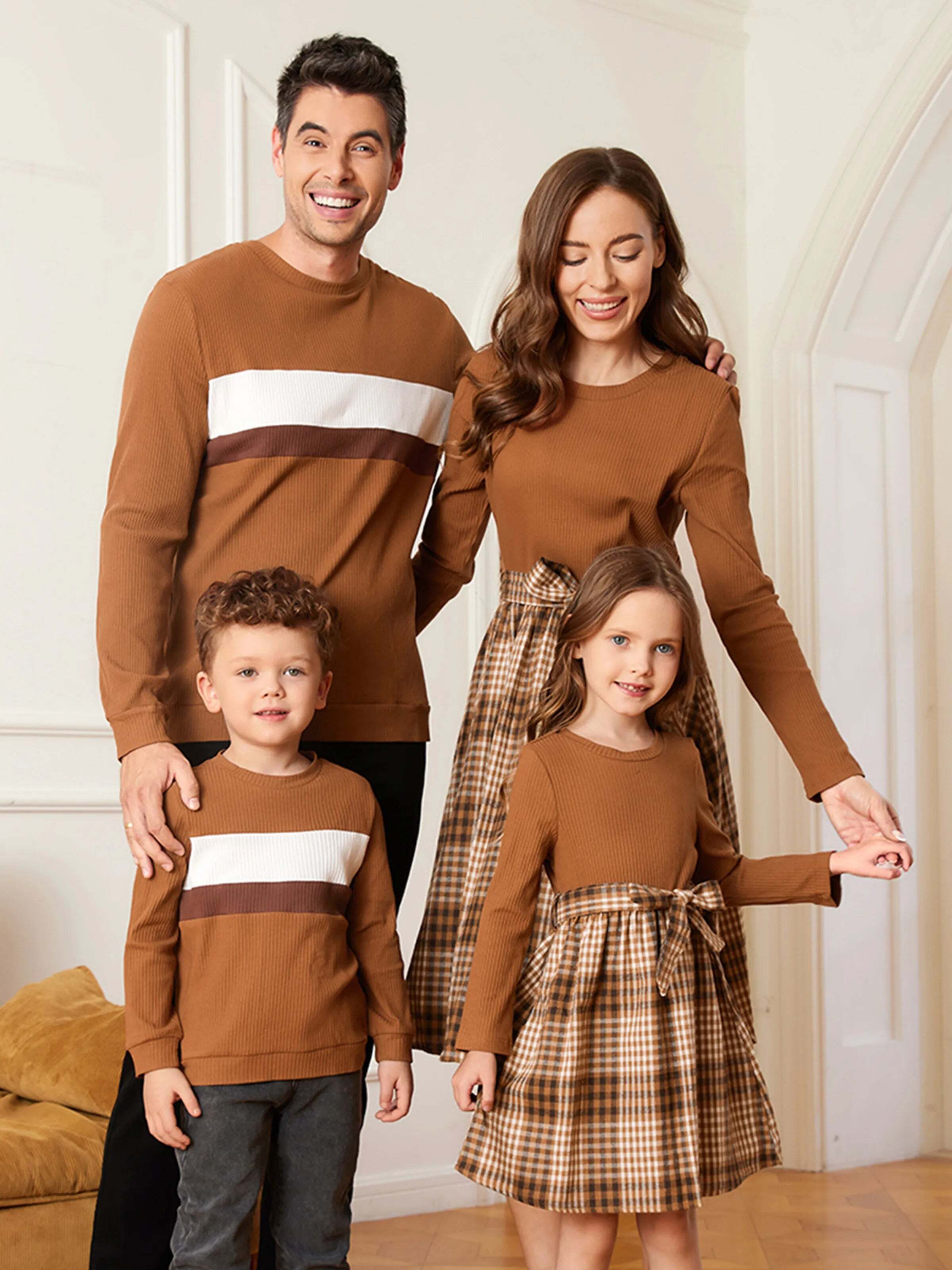 Family Matching Coffee Ribbed Spliced Plaid Belted Dresses and Long-sleeve Colorblock Tops Set Coffee