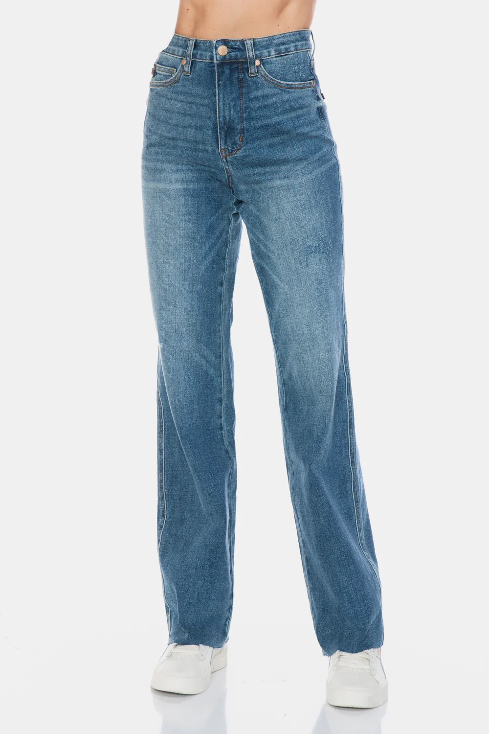 Blue Full Size Tummy Control Cut Raw Hem Straight Jeans