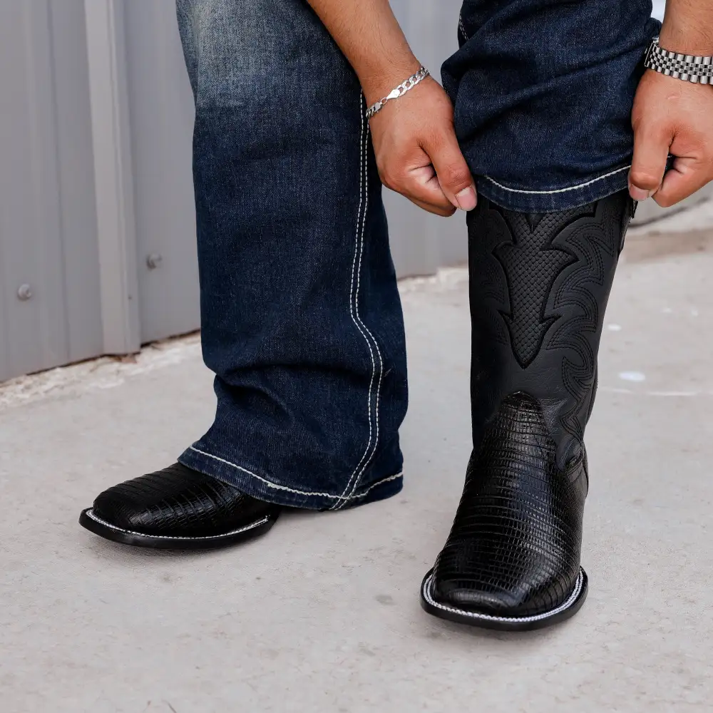 Black Lizard Leather Boots - Square Toe