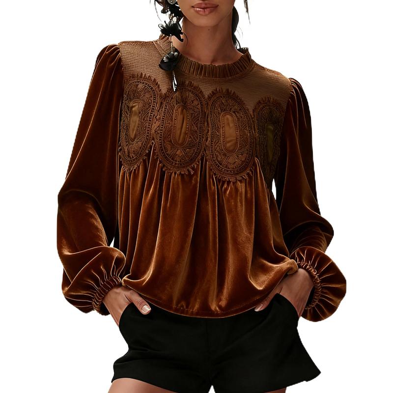 Women’s Elegant Velvet Lace Long Sleeve Blouse