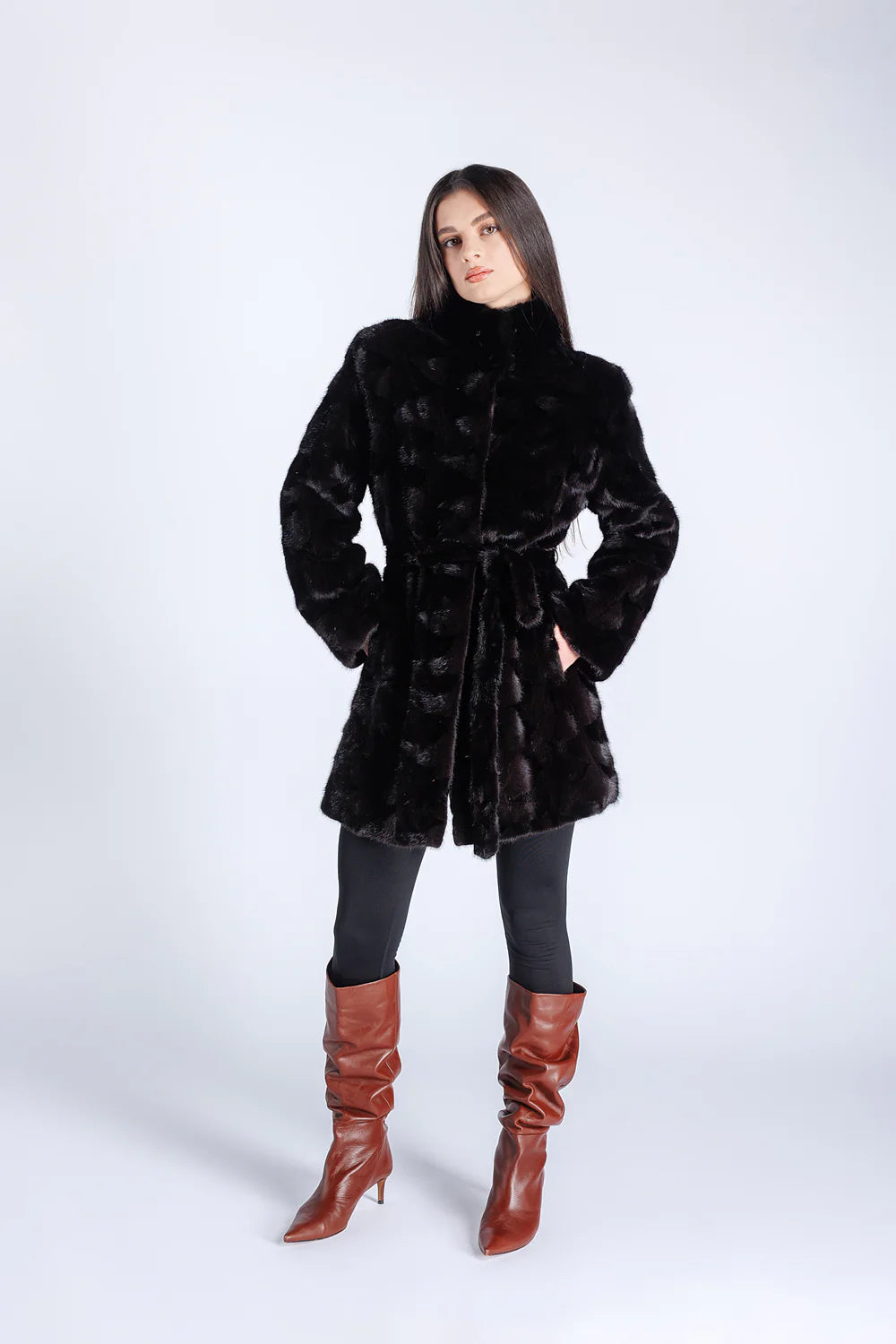 Haină din Blană Naturală de Vizon, Cordon din Blană, Femei, Sable 187