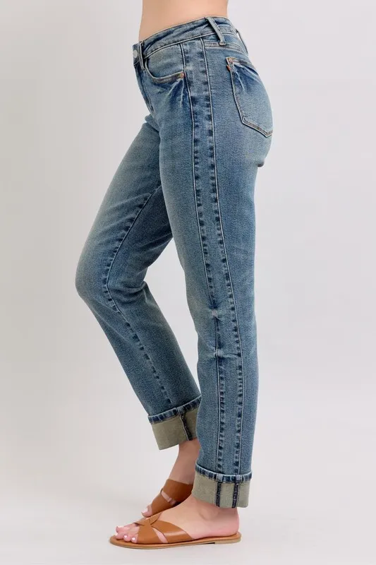 Blue Full Size Mid Rise Vintage Wash Double Roll Cuff Boyfriend Jeans Plus Size