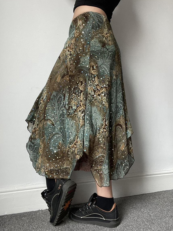 Printed Low Waist Irregular Skirt In Green