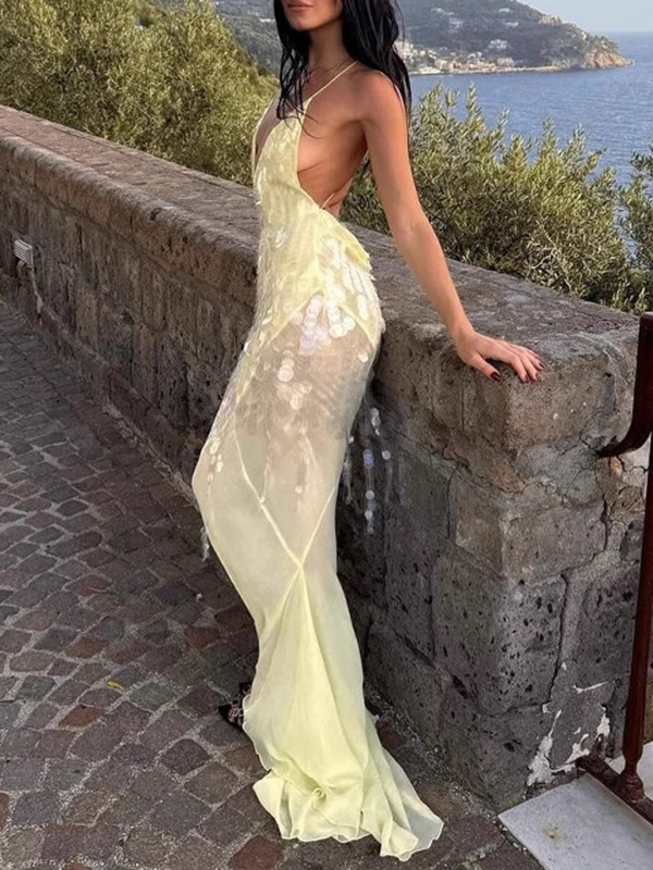 Shiny Sequinned Spaghetti-Neck Backless Sexy Mermaid Maxi Dresses