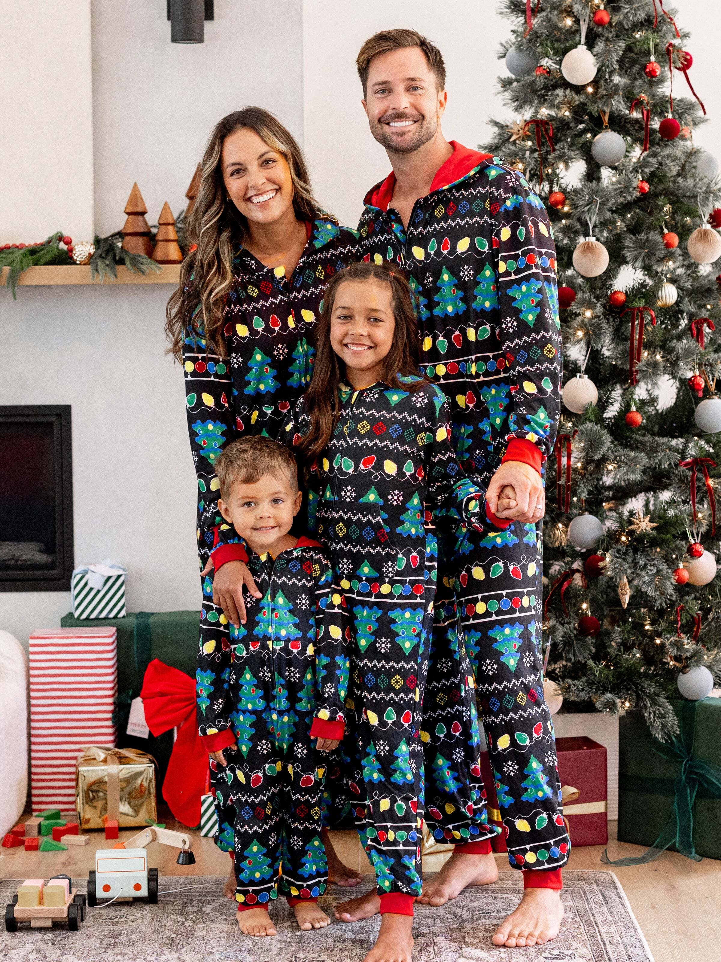 Christmas Onesies Matching Family Pajamas Set Christmas Tree Print PJS with Christmas Socks Black