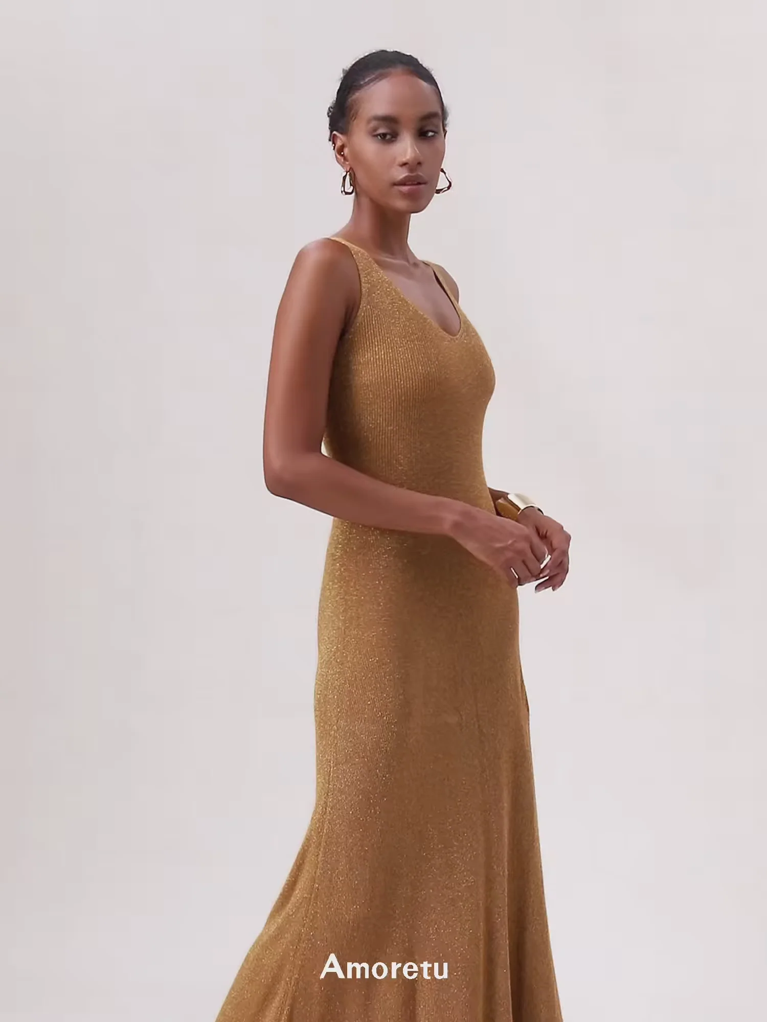 V-Neck Halter Metallic Maxi Dress