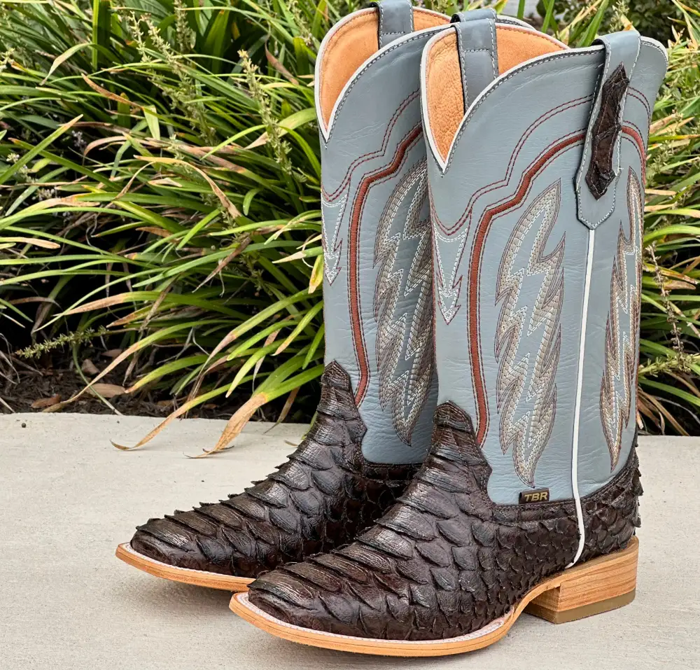 Mens Brown Python Leather Boots With Gray Shaft