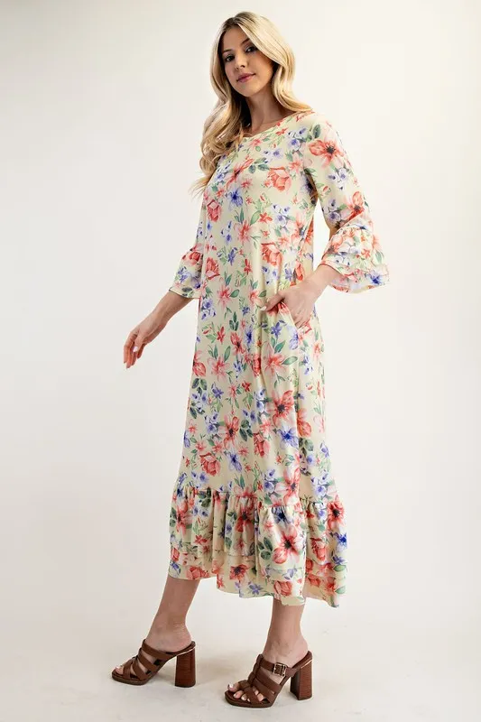 Celeste Full Size Soft Floral Ruffle Trim Dress Plus Size