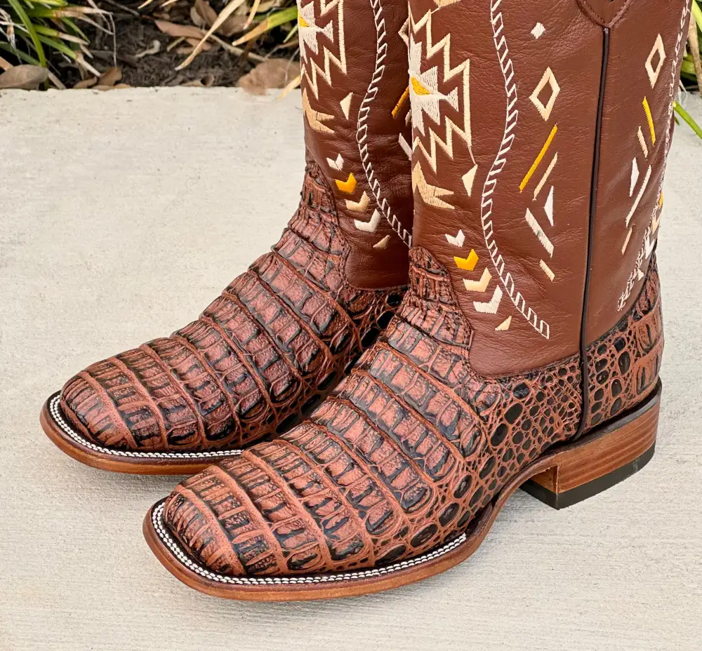 Mens Cognac Crocodile Horn-Back Leather Boots