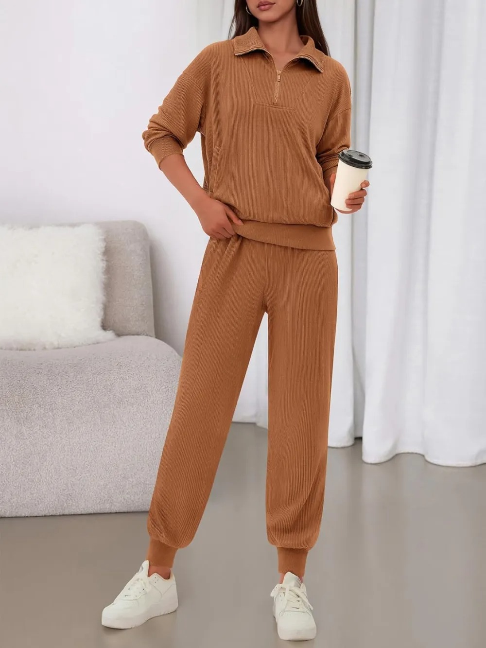 Women's Long Sleeve Half Zip Sweatshirt Sweatpants Lounge Set Sweatsuits with Pockets