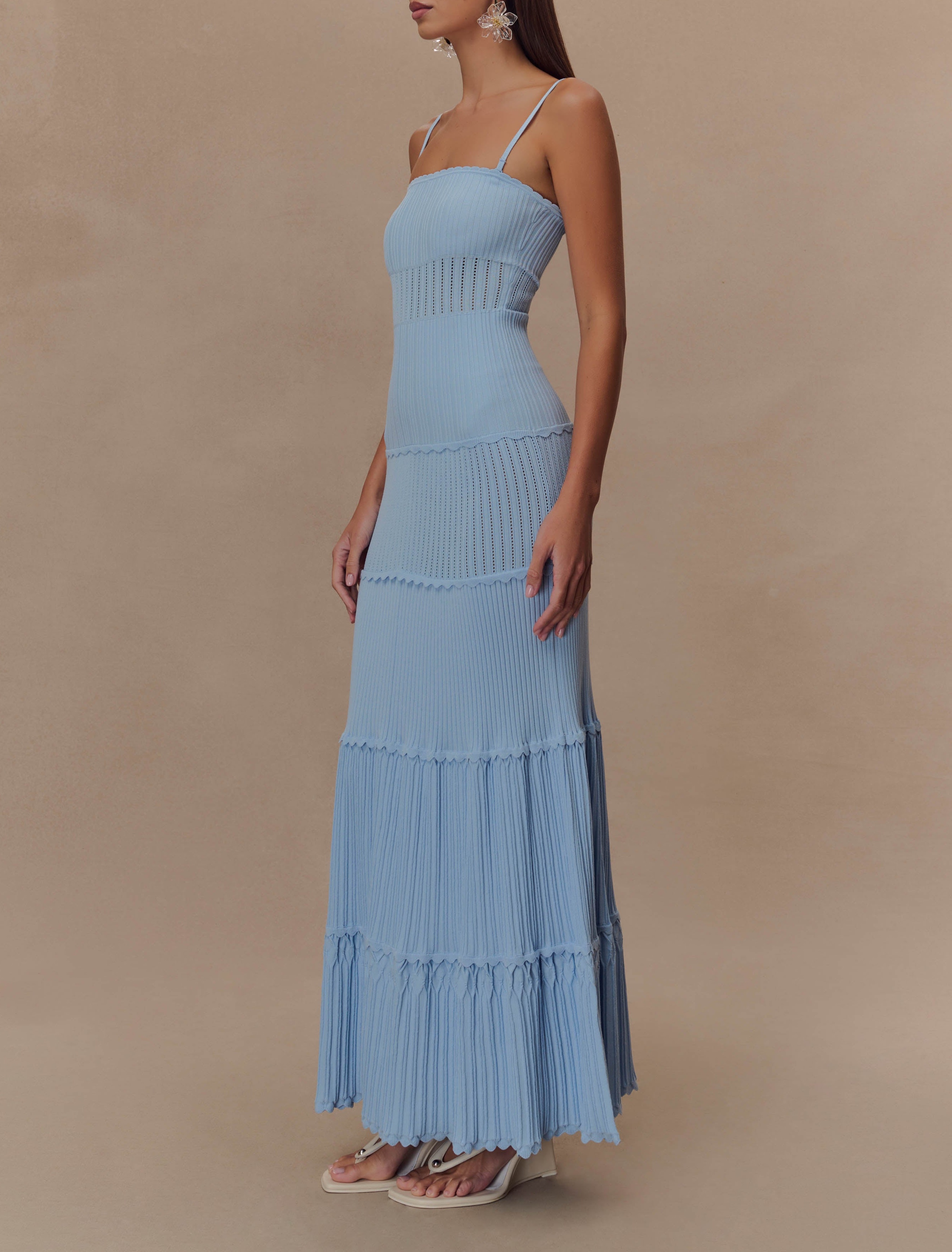 Blue Pointelle Knit Maxi Dress