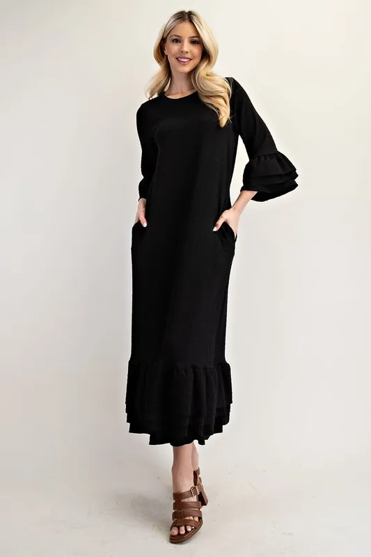 Celeste Full Size Textured Ruffle Hem Modest Dress Plus Size