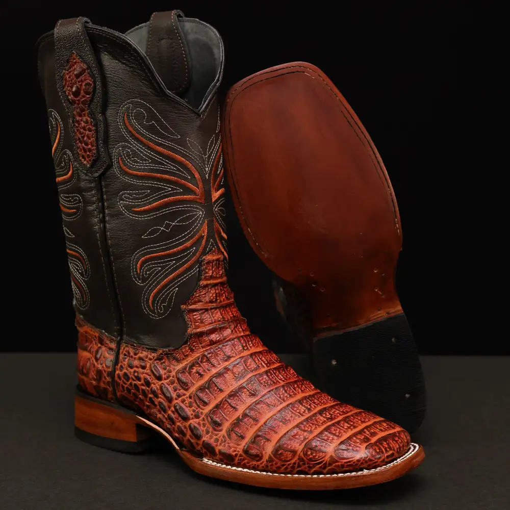 Cognac Caiman Back Leather Boots - Square Toe