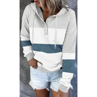 Womens Hooded Button Collar Drawstring Hoodies Pullover Sweatshirts