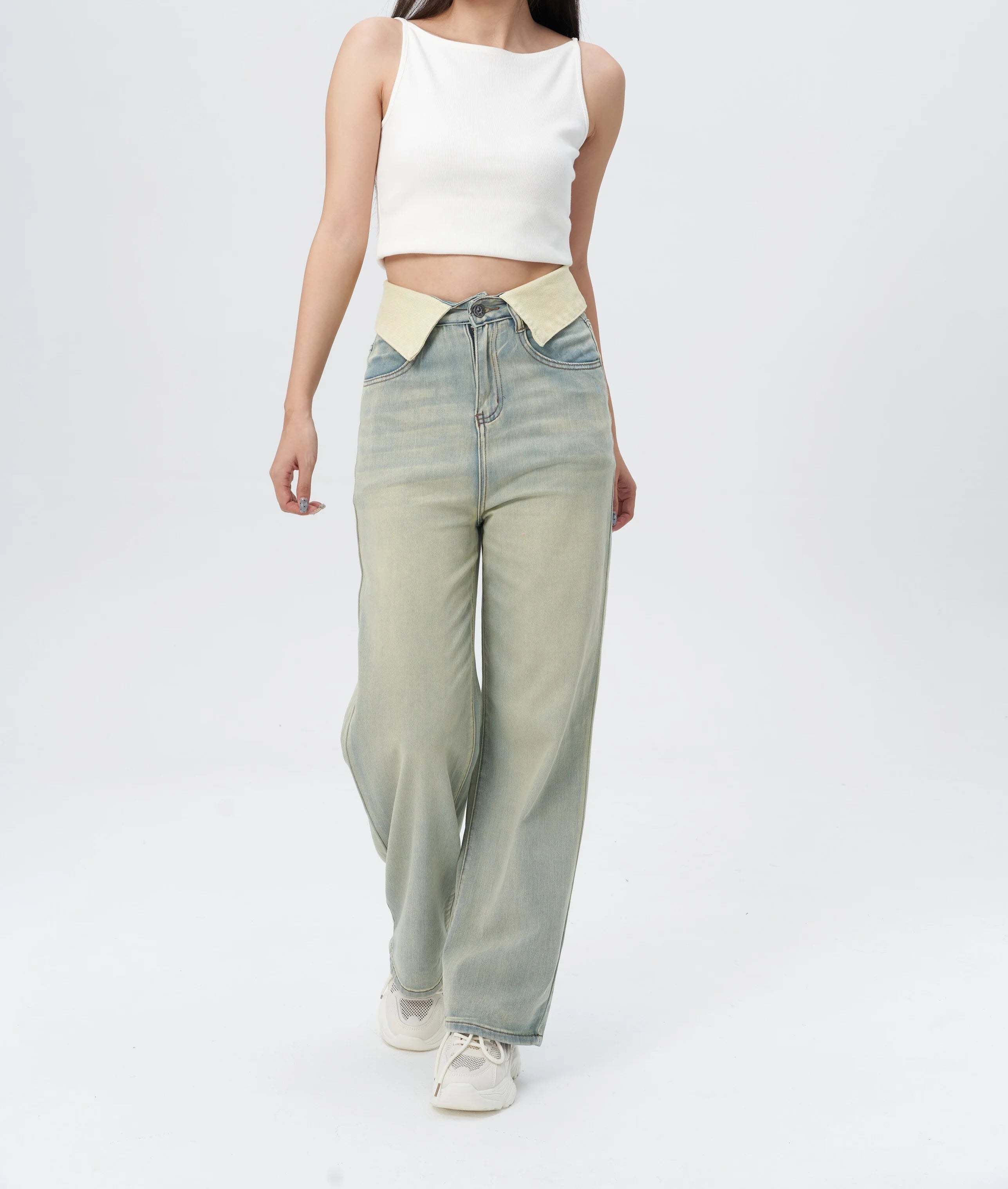 Fold Over Fade Straight Leg Jeans