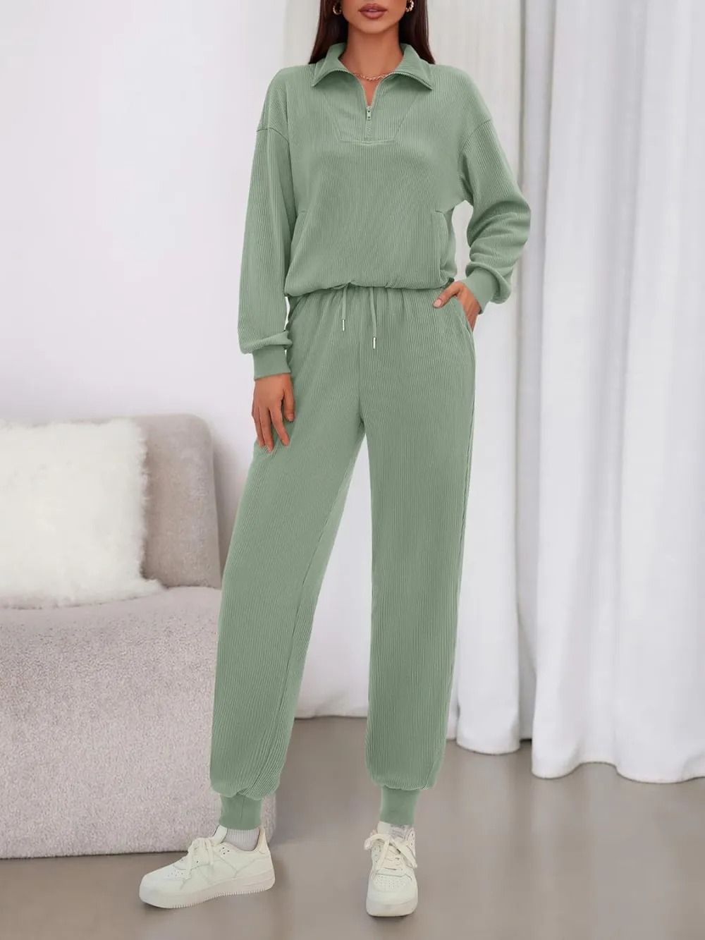 Women's Long Sleeve Half Zip Sweatshirt Sweatpants Lounge Set Sweatsuits with Pockets