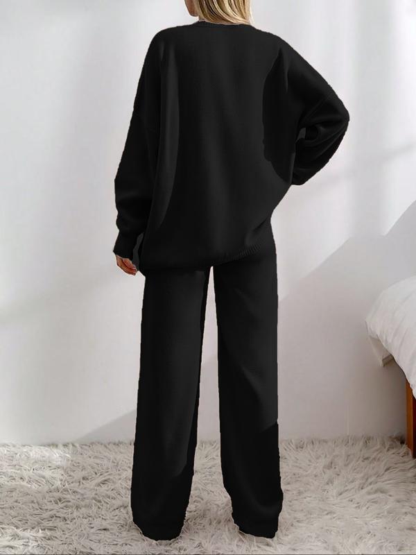 Women’s Cozy Knit Cardigan & Wide-Leg Pants Set – Relaxed Button-Up Lounge Outfit