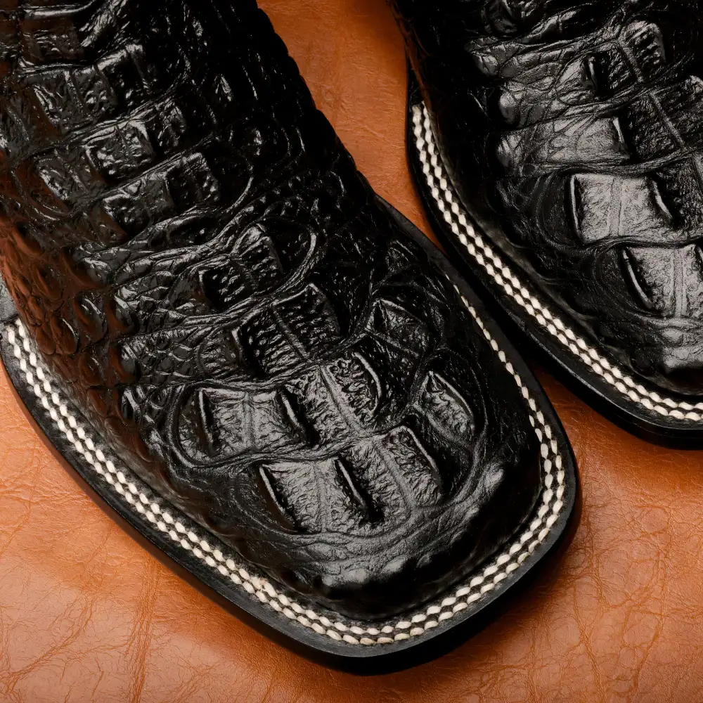 Black Caiman Neck Leather Boots - Square Toe