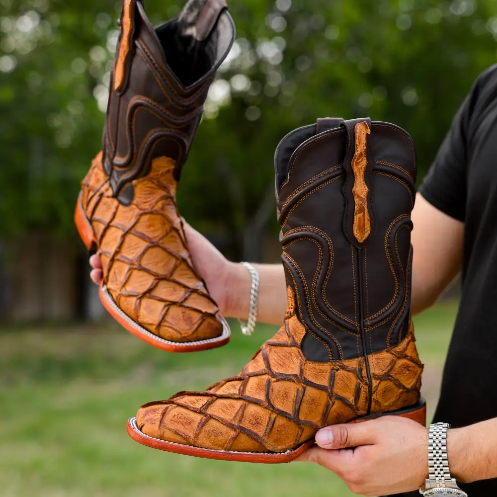 Matte Rustic Honey Pirarucu Leather Boots - Square Toe