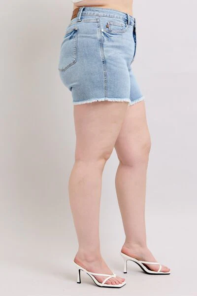 Blue Full Size Tummy Control Raw Hem Denim Shorts