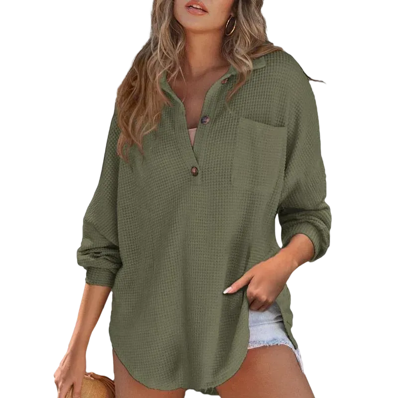 Women's Waffle Henley Shirt Tops