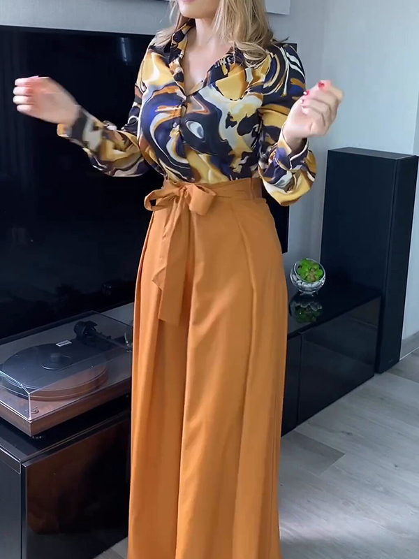 Printed Buttoned Lapel Blouse + Tied Waist High Waisted Wide Leg Pants Two Pieces Set