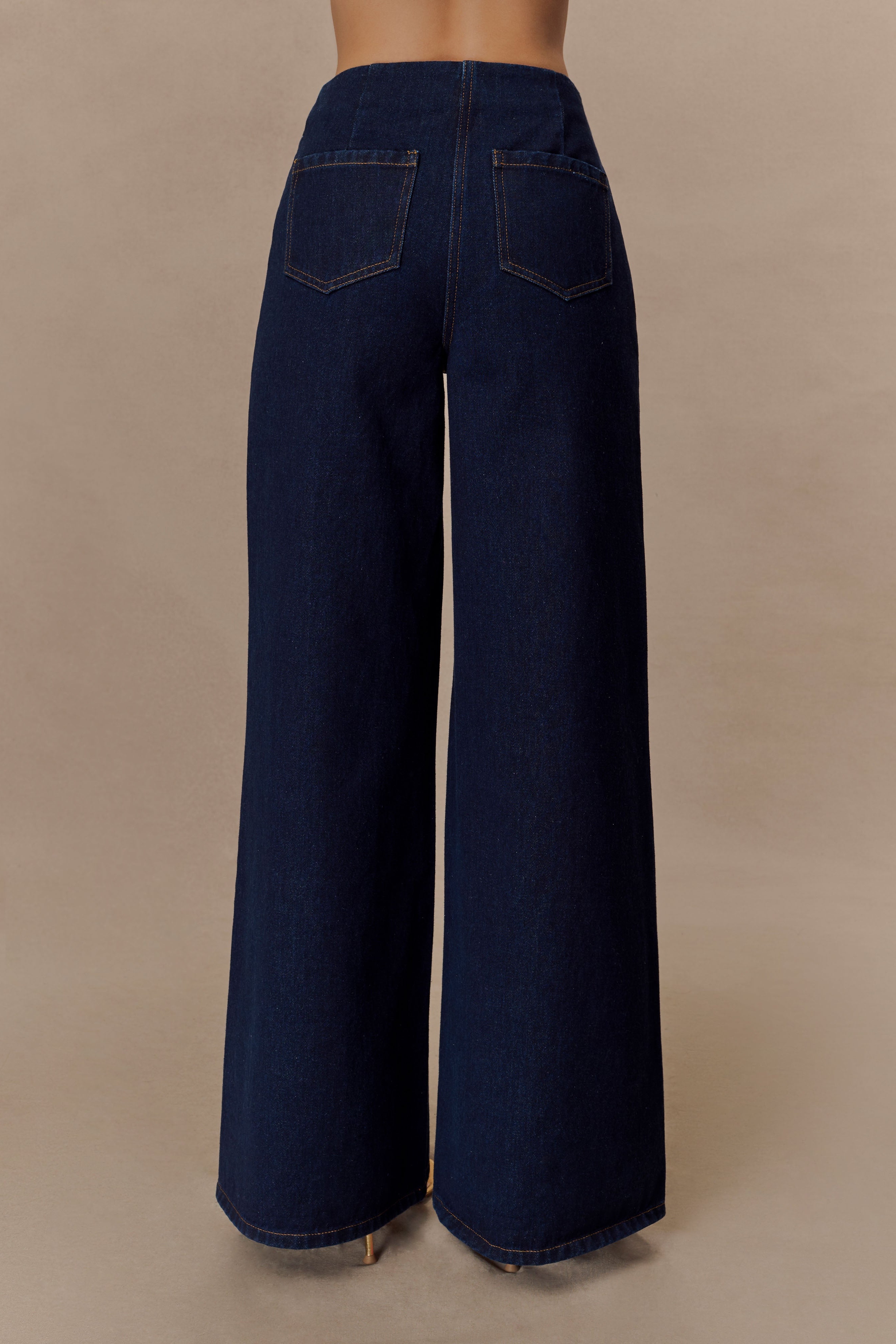 Blue Faux Suede Belted Denim Wide Leg Jeans