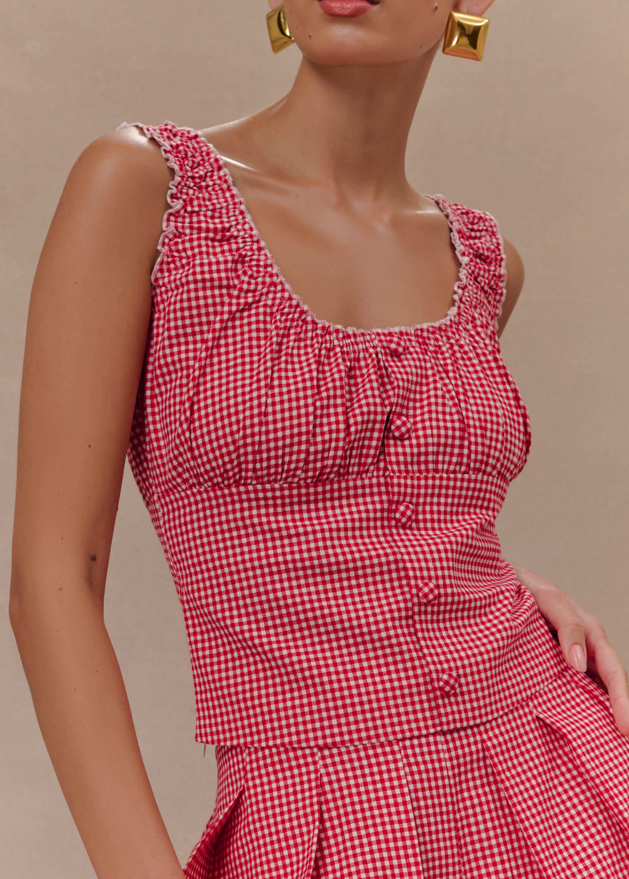 Gingham Sleeveless Ruched Top