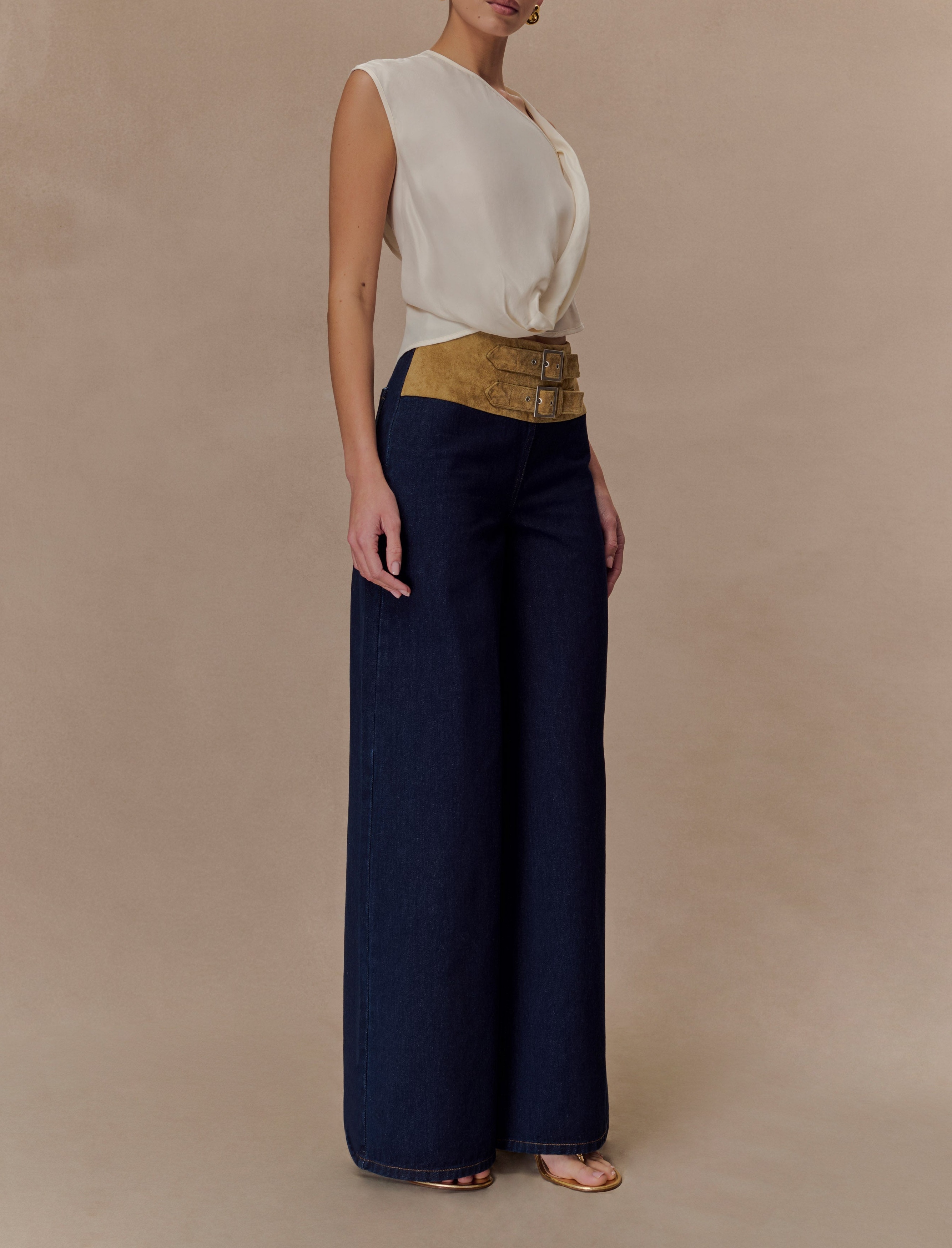 Blue Faux Suede Belted Denim Wide Leg Jeans