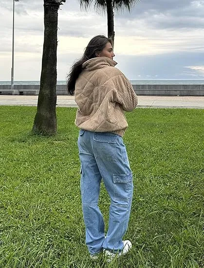 Women's Bomber Jacket Corduroy Ribbed Quilted Zip Up Long Sleeve Winter Coat Fall Outerwear Tops with Pockets