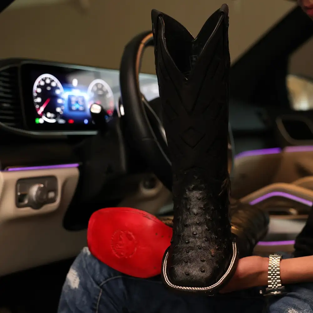 Black Ostrich Leather Boots - Square Toe