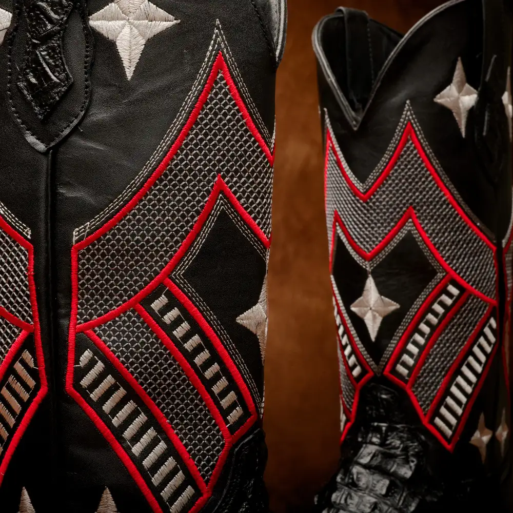 Black Caiman Neck Leather Boots - Square Toe