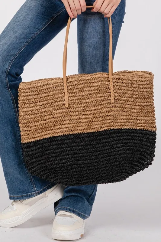 Fame Straw Braided Beach Tote Bag
