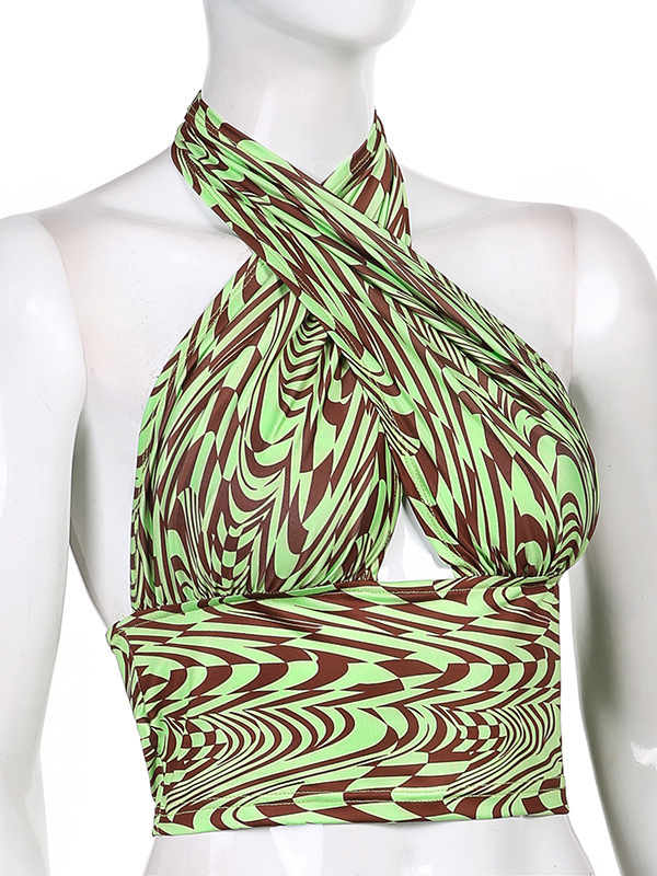 Backless Hollow Printed Skinny Sleeveless Halter-Neck Vest Top