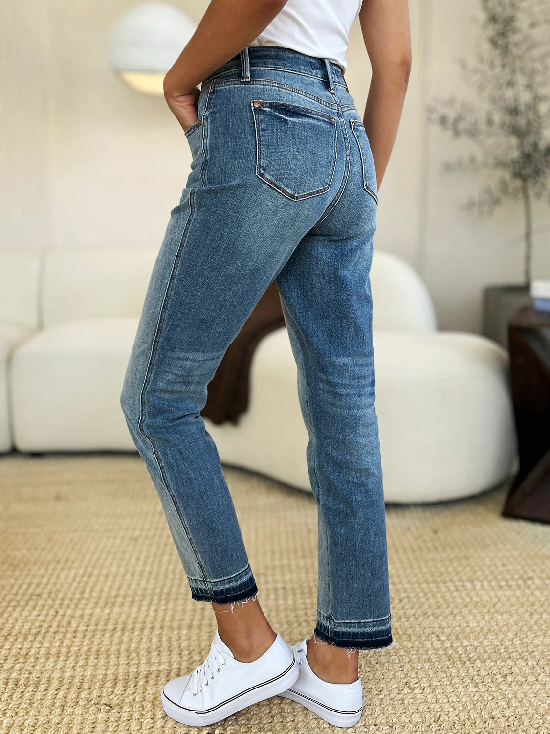 Blue Full Size Mid Rise Rigid Magic Release Hem Jeans
