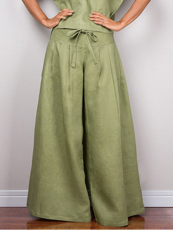 Drawstring Pleated Solid Color Split-Joint High Waisted Loose Trousers Pants