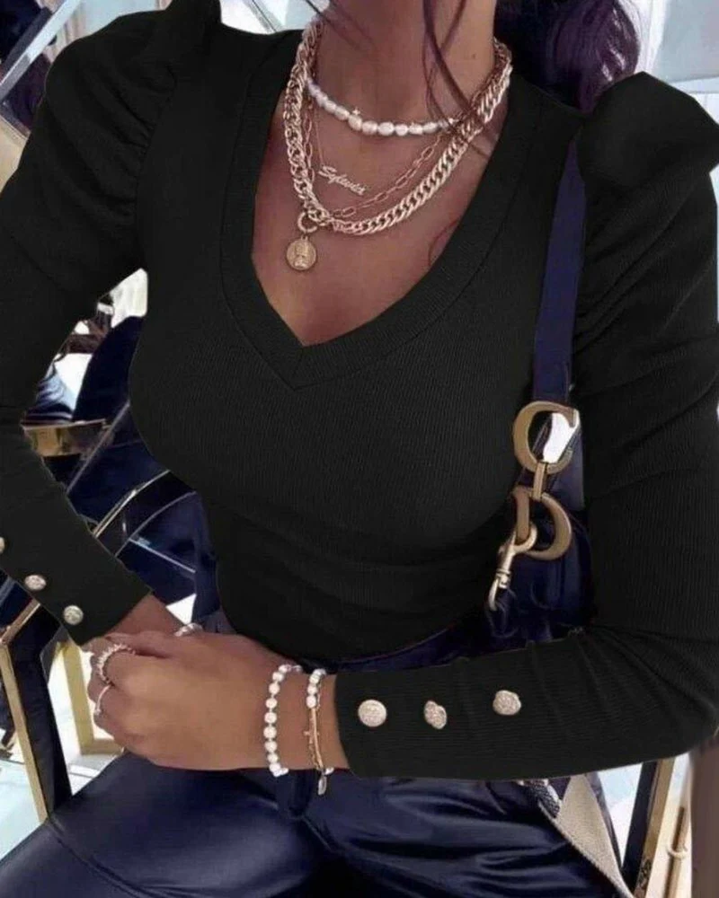Puff Sleeve Button Decor Ribbed Top