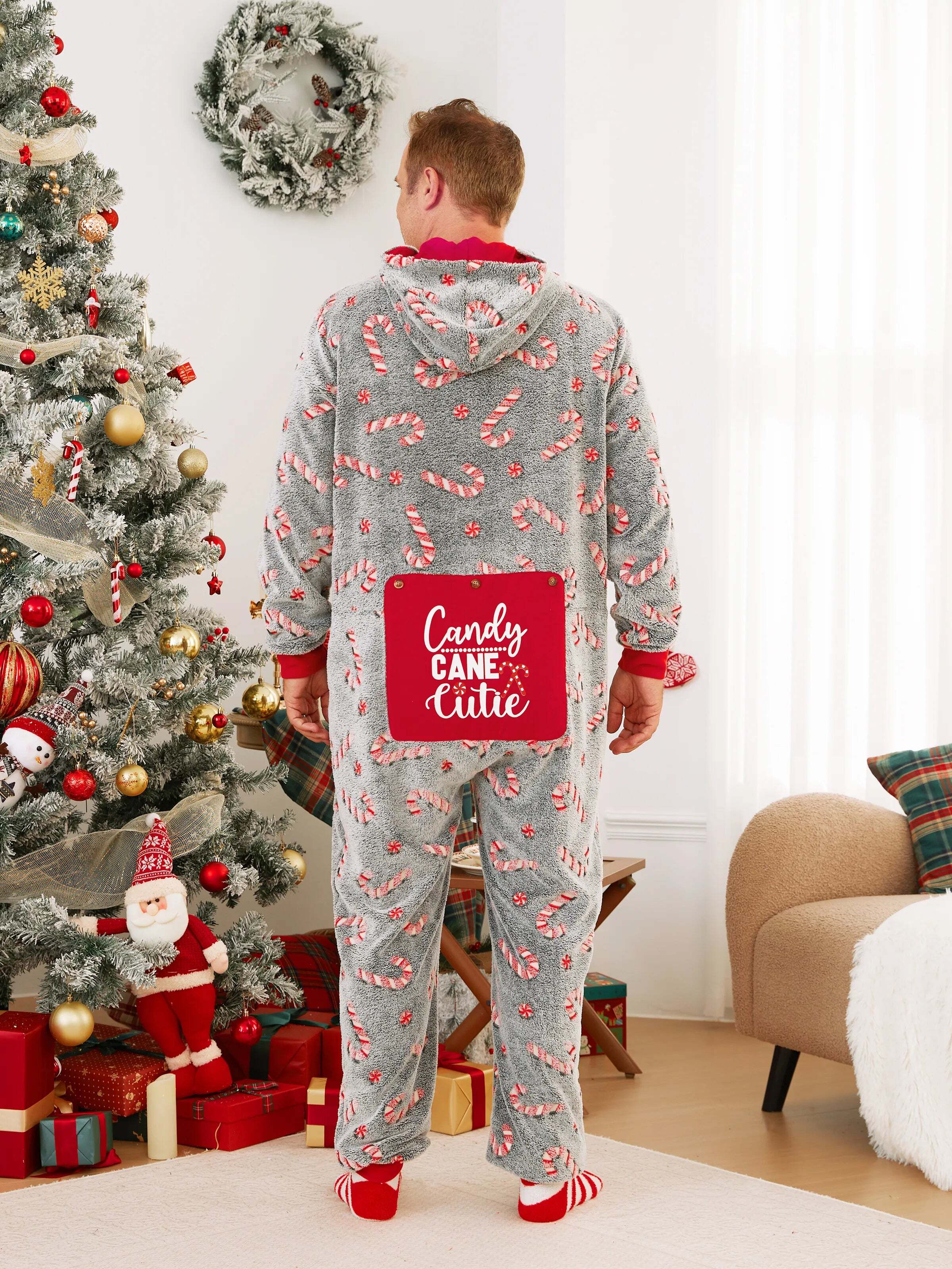 Onesies Pajamas Matching Christmas Outfits Candy Cane Pattern (Glow in the Dark) with Christmas Socks Black