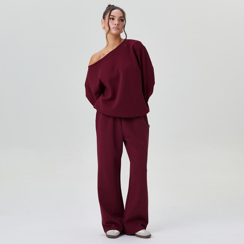 Women's Leisure Solid Color Sloping Shoulder Long Sleeve Top & Wide Leg Trousers Co-ord, Cozy Scoop Neck Loose Two Piece Outfits, Basic Womenswear