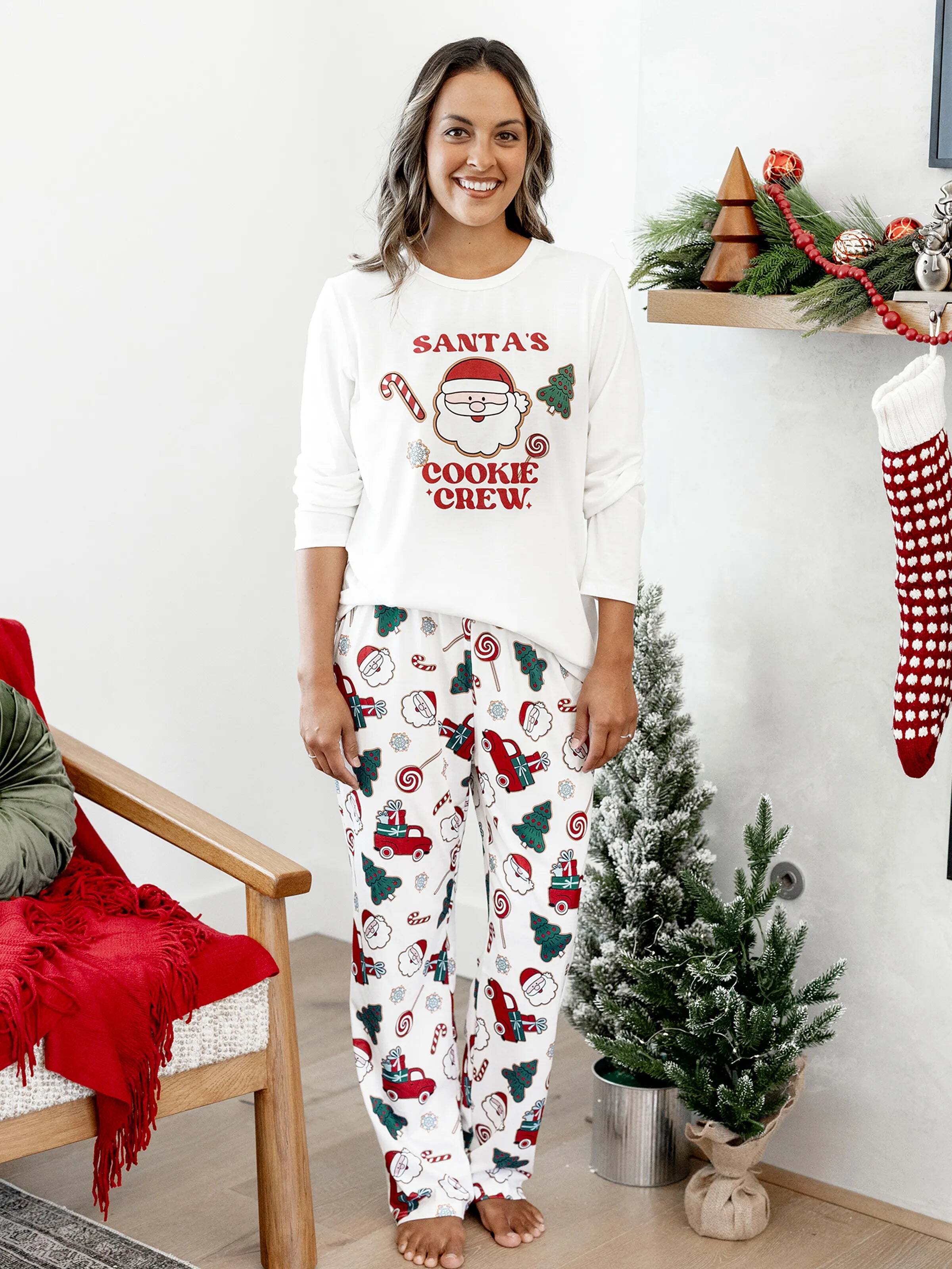 Christmas Matching Family Pajamas Set Santa Claus and Christmas Tree Print White PJS with Christmas Socks White