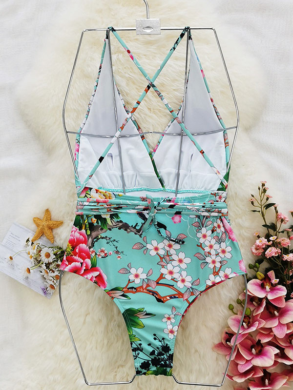 Floral Printed Deep-V-Neck Bandage One-Piece Swimwear